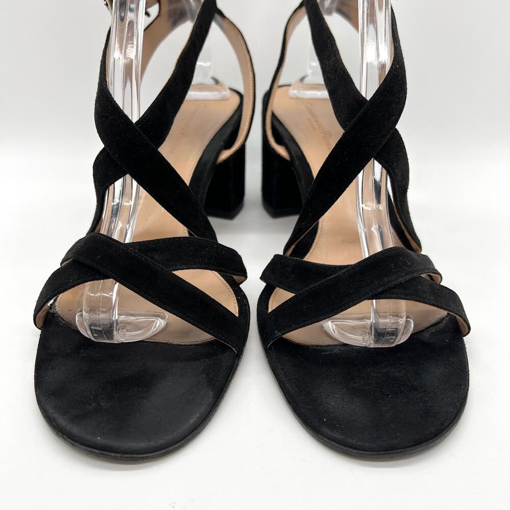 GIANVITO ROSSI Strappy Sandal Womens 40 Black Suede Mid Block Heeled Criss Cross - Picture 2 of 11